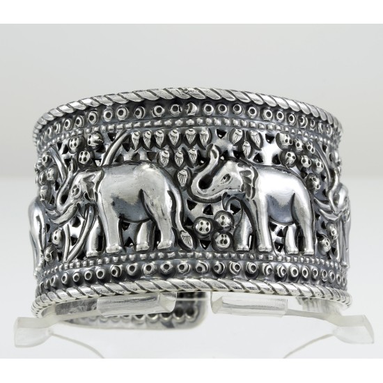 Handmade Indian Wide Silver Bangle With Elephants
