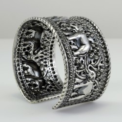 Handmade Indian Wide Silver Bangle With Elephants