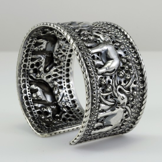Handmade Indian Wide Silver Bangle With Elephants