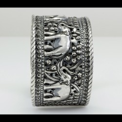 Handmade Indian Wide Silver Bangle With Elephants