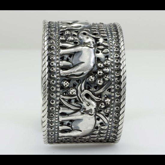 Handmade Indian Wide Silver Bangle With Elephants