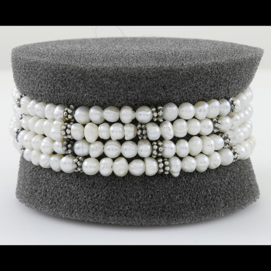 Freshwater Pearl 4 Row With Arabic filigree Oxidized Style Silver Bracelet