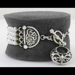 Freshwater Pearl 4 Row With Arabic filigree Oxidized Style Silver Bracelet