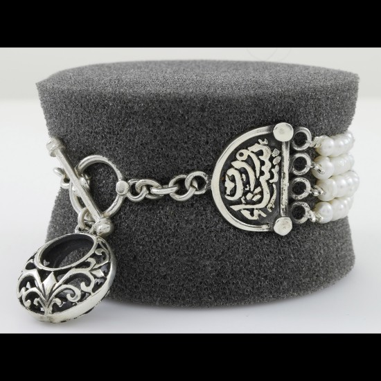 Freshwater Pearl 4 Row With Arabic filigree Oxidized Style Silver Bracelet