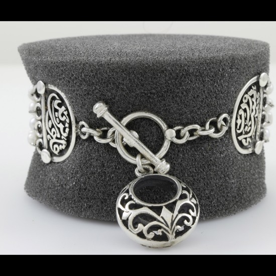 Freshwater Pearl 4 Row With Arabic filigree Oxidized Style Silver Bracelet