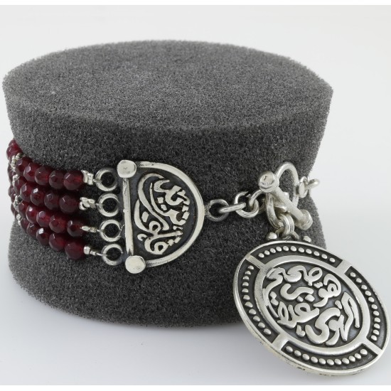 Garnet 4 Row With Vintage Arabic Oxidized Style Silver Bracelet