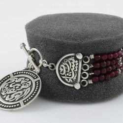 Garnet 4 Row With Vintage Arabic Oxidized Style Silver Bracelet