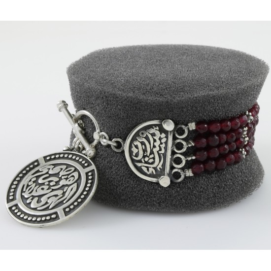 Garnet 4 Row With Vintage Arabic Oxidized Style Silver Bracelet