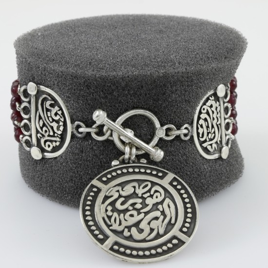 Garnet 4 Row With Vintage Arabic Oxidized Style Silver Bracelet