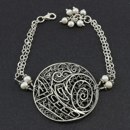 Freshwater Pearl With Arabic filigree Oxidized Style Silver Bracelet