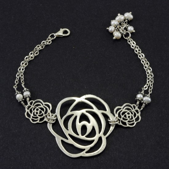 Freshwater Pearl With Filigree Flower Silver Bracelet
