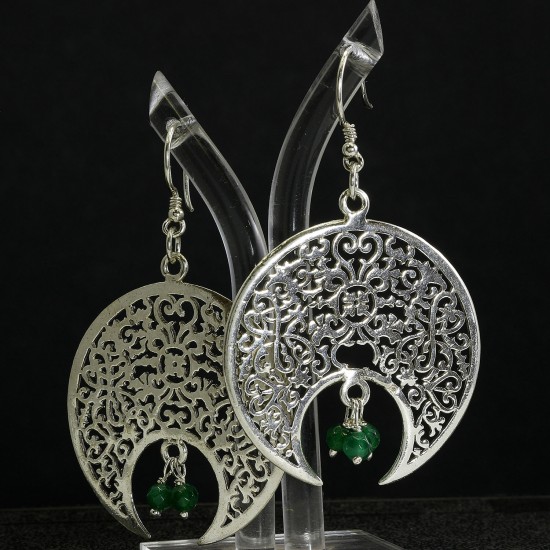 Filigree Dangle Arabic Style Earring With Green Jade