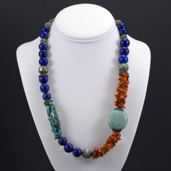 Unique Genuine Lapis Lazuli- Turquoise And Coral Necklace