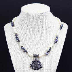 Freshwater White And Enhanced Black Pearl Necklace With Arabic Oxidized Style Silver