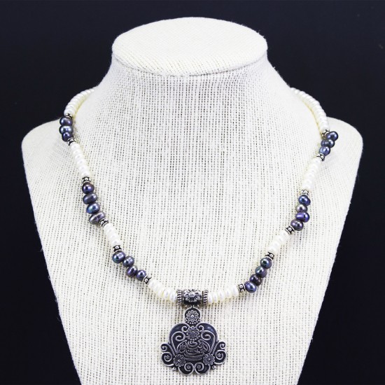 Freshwater White And Enhanced Black Pearl Necklace With Arabic Oxidized Style Silver