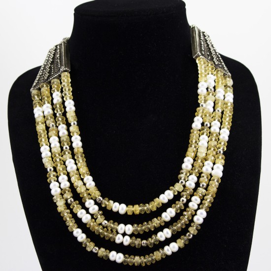 Freshwater Pearl 4 Roll With Citrine Necklace And Bedouin Oxidized Silver