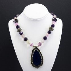 Rose Quartz And Amethyst Necklace with Blue Jade Pendant
