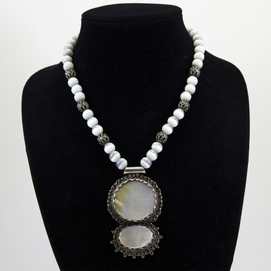 Gray Eye Of Tiger Necklace With Mother Of Pearl Pendant