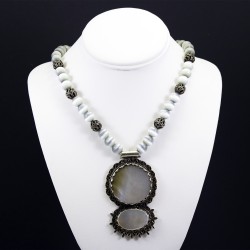Gray Eye Of Tiger Necklace With Mother Of Pearl Pendant