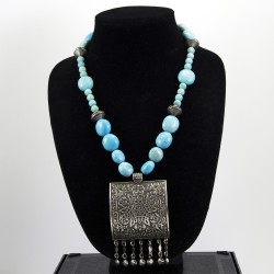 Turquoise Necklace With Oxidized Bedouin Silver Pendant