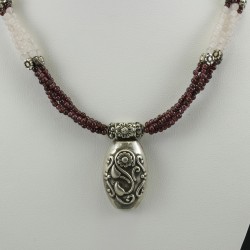 Vintage Bedouin Style With 4 Row Genuine Garnet And Rose Quartz  Necklace