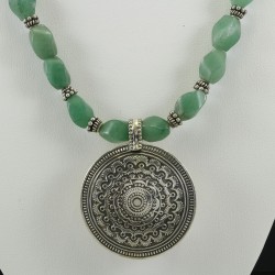 Green Jade Necklace With Vintage Arabic Style Silver