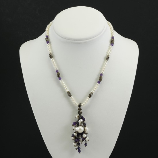 Freshwater Pearl And Amethyst Necklace With Oxidized Vintage Style Silver