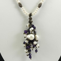 Freshwater Pearl And Amethyst Necklace With Oxidized Vintage Style Silver