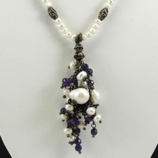 Freshwater Pearl And Amethyst Necklace With Oxidized Vintage Style Silver