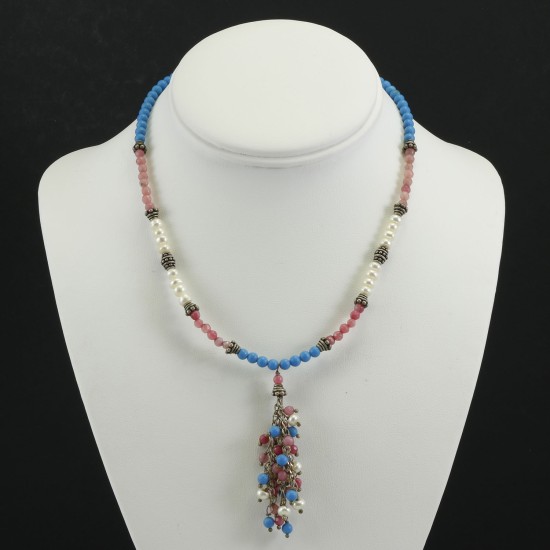 Freshwater Pearl,Rose Quartz And Turquoise Necklace