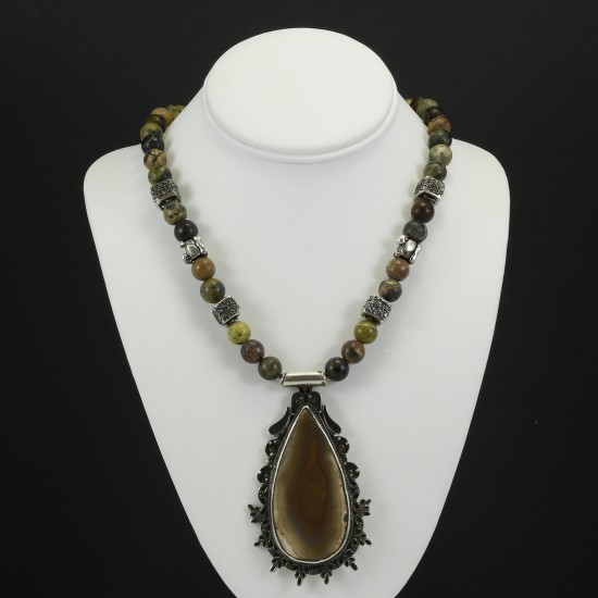 Multi Color Jasper Necklace With Jade Pendant 