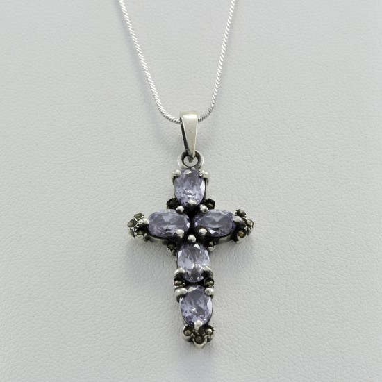 Cross Vintage Style With Amethyst And Black CZ Stones