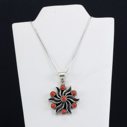 Red Sea Coral Vintage Filigree Oxidized Pendant