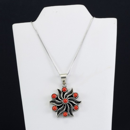 Red Sea Coral Vintage Filigree Oxidized Pendant